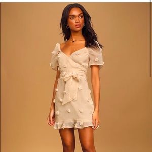Lulus Beige Pom Pom Puff Sleeve Mini Dress